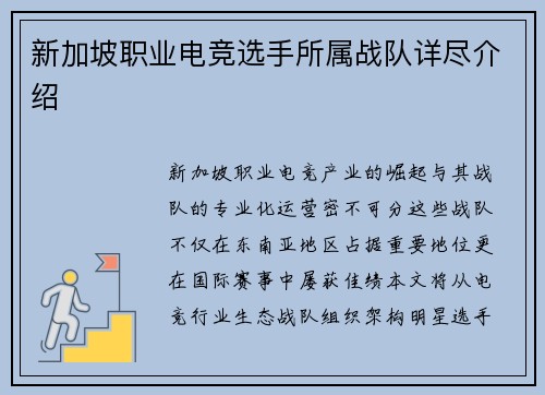 新加坡职业电竞选手所属战队详尽介绍