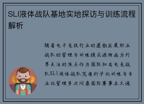 SLI液体战队基地实地探访与训练流程解析